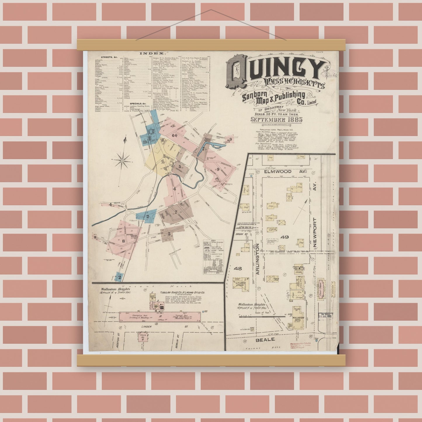 Old map wall art mockup — magnetic wood frame on brick wall — Sanborn Fire Insurance Map from Quincy, Norfolk County, Massachusetts (1885) - Complete Map Set