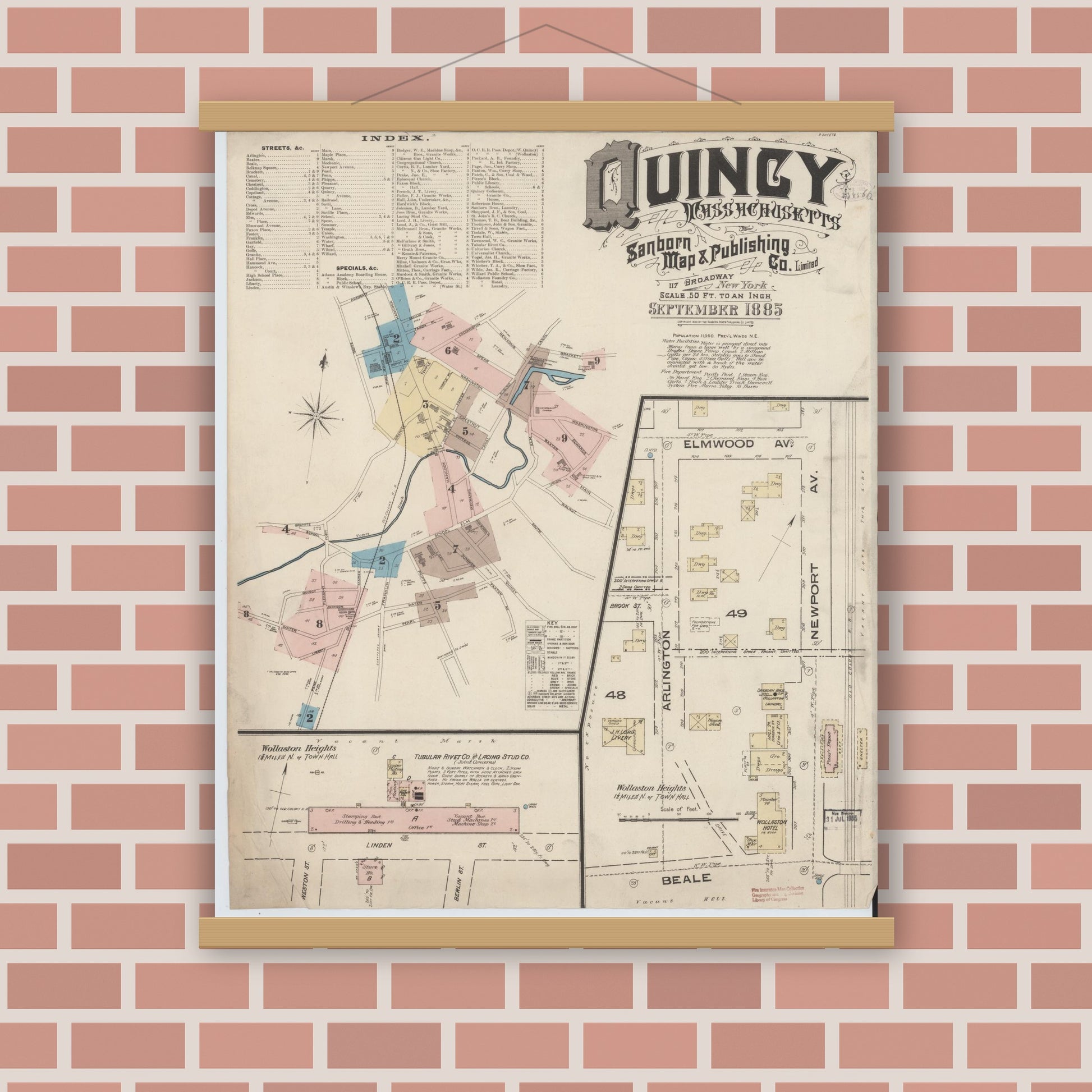 Old map wall art mockup — magnetic wood frame on brick wall — Sanborn Fire Insurance Map from Quincy, Norfolk County, Massachusetts (1885) - Complete Map Set