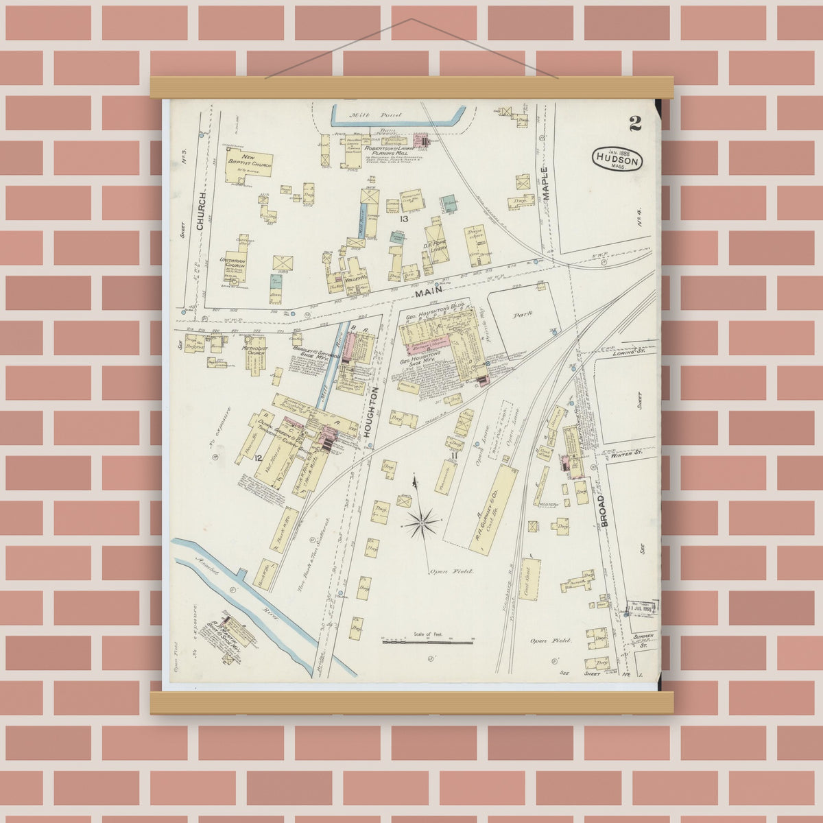 Old map wall art mockup — magnetic wood frame on brick wall — Sanborn Fire Insurance Map from Hudson, Middlesex County, Massachusetts (1888), Sheet #0002