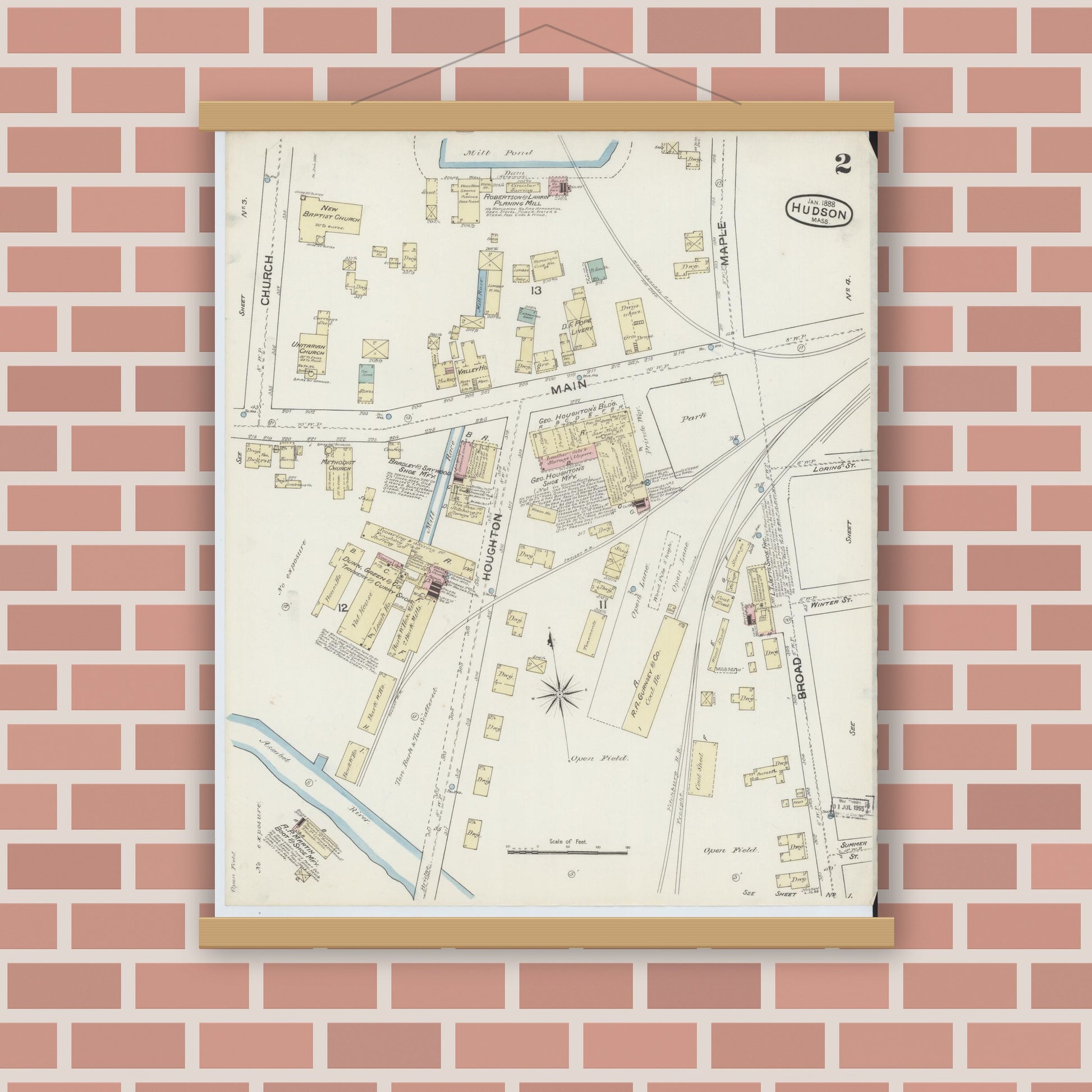 Old map wall art mockup — magnetic wood frame on brick wall — Sanborn Fire Insurance Map from Hudson, Middlesex County, Massachusetts (1888), Sheet #0002