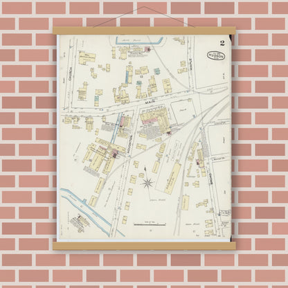 Old map wall art mockup — magnetic wood frame on brick wall — Sanborn Fire Insurance Map from Hudson, Middlesex County, Massachusetts (1888), Sheet #0002