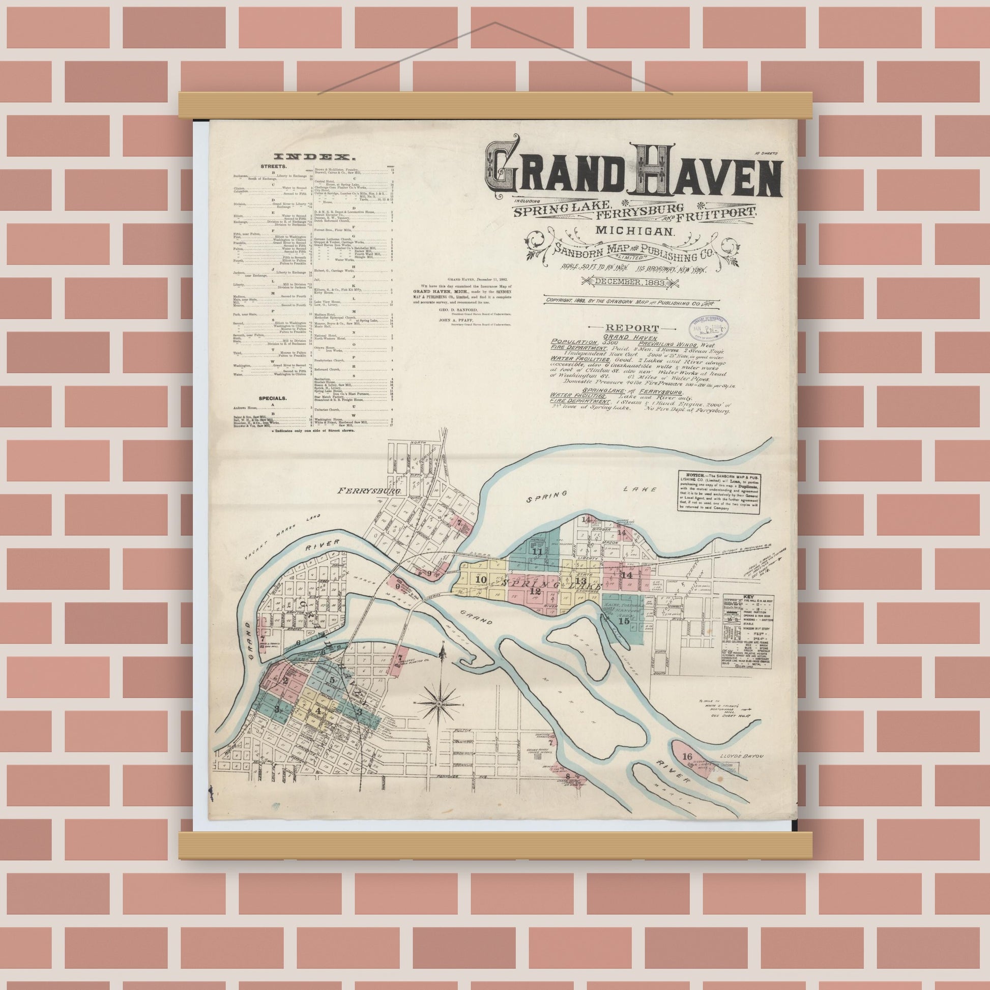 Old map wall art mockup — magnetic wood frame on brick wall — Sanborn Fire Insurance Map from Grand Haven, Ottawa County, Michigan (1883) - Complete Map Set