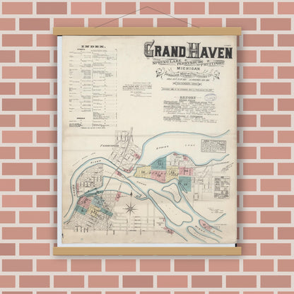 Old map wall art mockup — magnetic wood frame on brick wall — Sanborn Fire Insurance Map from Grand Haven, Ottawa County, Michigan (1883) - Complete Map Set
