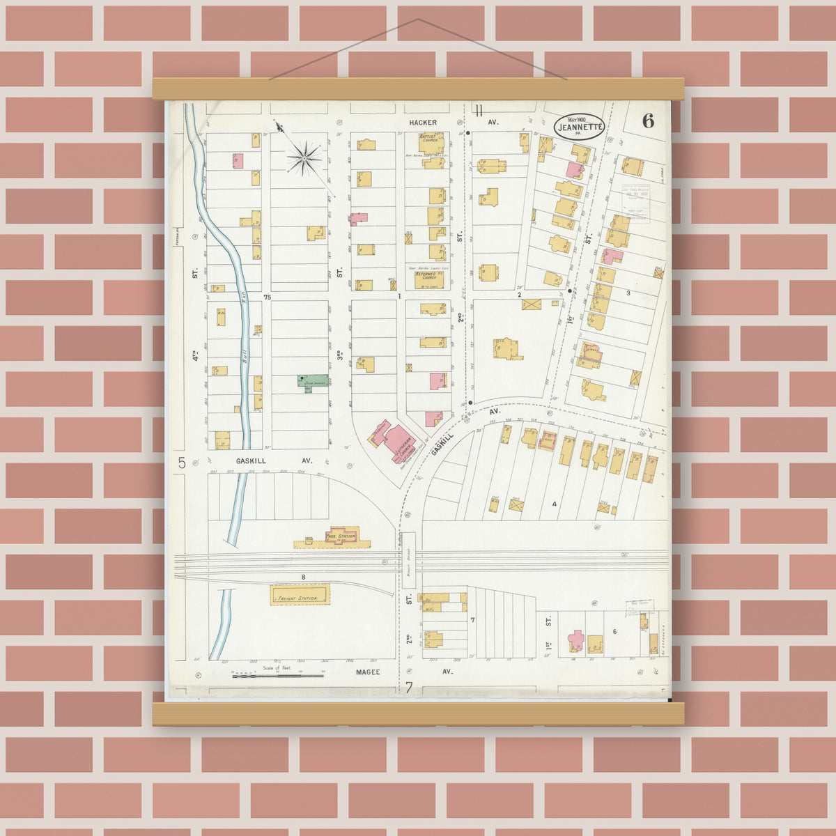Old map wall art mockup — magnetic wood frame on brick wall — Sanborn Fire Insurance Map from Jeannette, Westmoreland County, Pennsylvania (1900), Sheet #0006