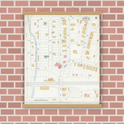 Old map wall art mockup — magnetic wood frame on brick wall — Sanborn Fire Insurance Map from Jeannette, Westmoreland County, Pennsylvania (1900), Sheet #0006