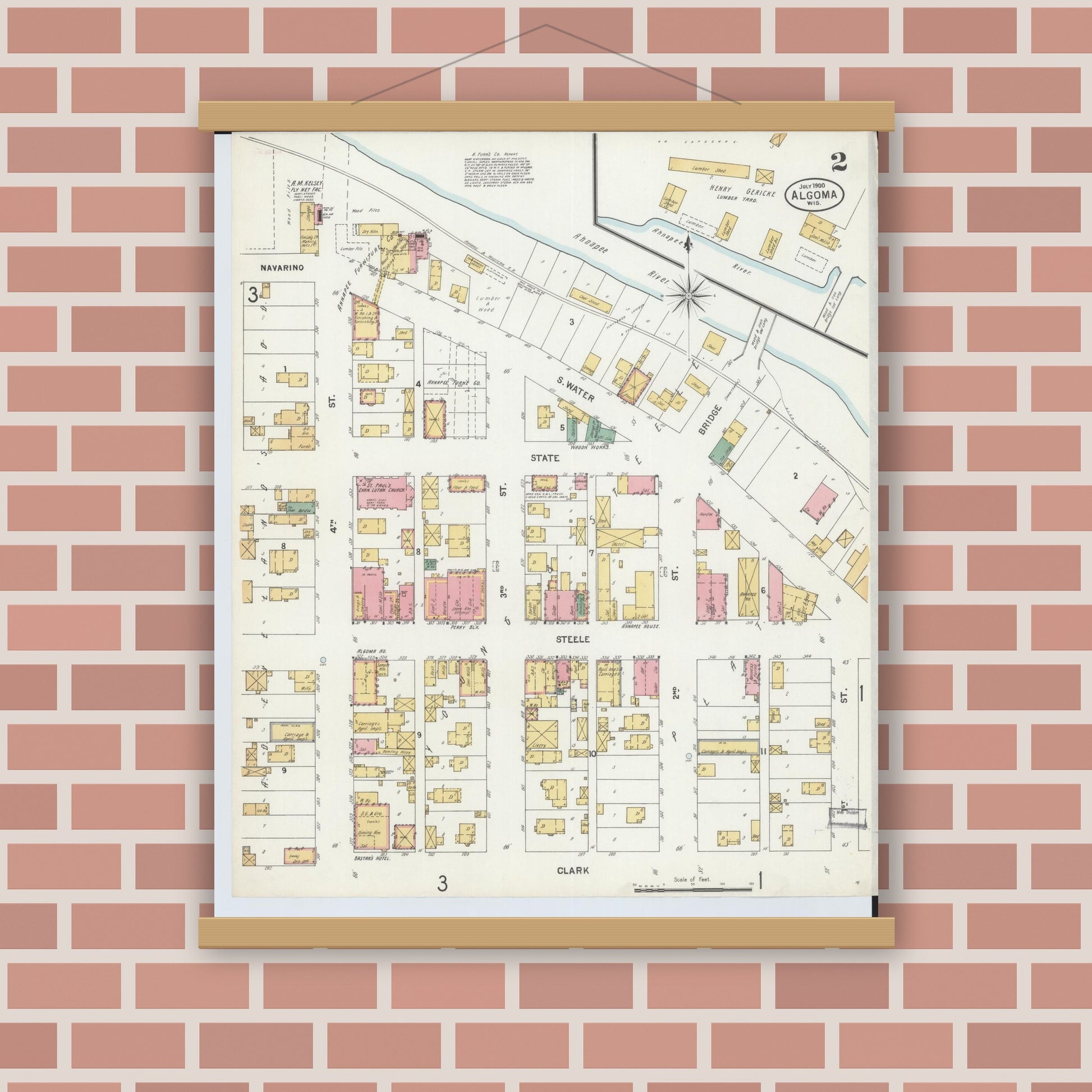 Old map wall art mockup — magnetic wood frame on brick wall — Sanborn Fire Insurance Map from Algoma, Kewaunee County, Wisconsin (1900), Sheet #0002