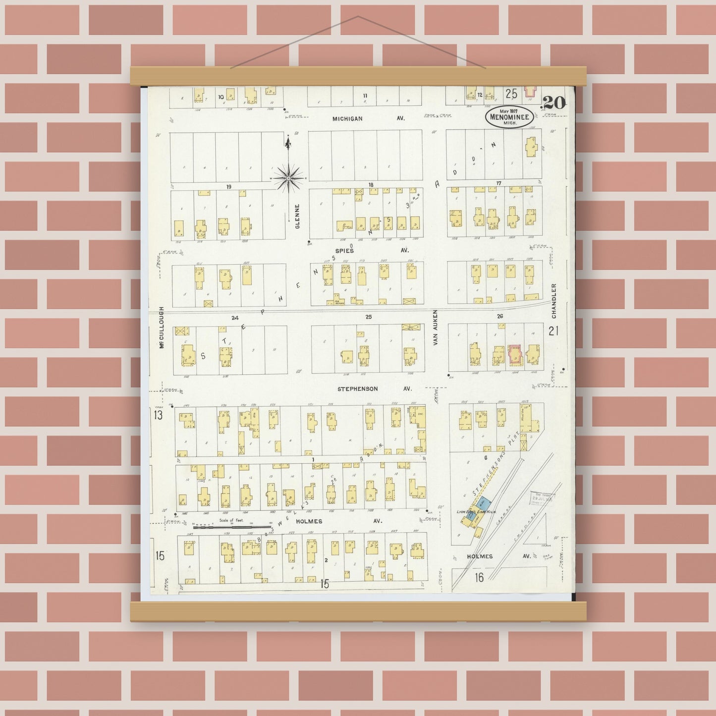 Old map wall art mockup — magnetic wood frame on brick wall — Sanborn Fire Insurance Map from Menominee, Menominee County, Michigan (1907), Sheet #0020