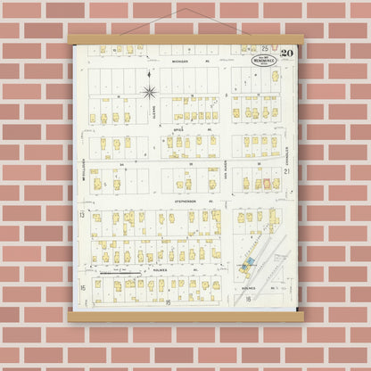 Old map wall art mockup — magnetic wood frame on brick wall — Sanborn Fire Insurance Map from Menominee, Menominee County, Michigan (1907), Sheet #0020