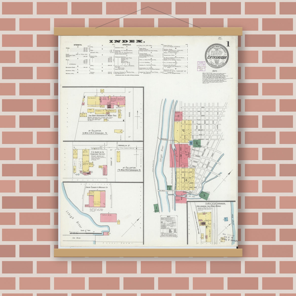 Old map wall art mockup — magnetic wood frame on brick wall — Sanborn Fire Insurance Map from Catasauqua, Lehigh County, Pennsylvania (1902) - Complete Map Set