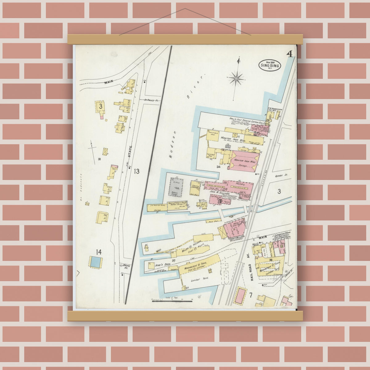 Old map wall art mockup — magnetic wood frame on brick wall — Sanborn Fire Insurance Map from Sing Sing, Westchester County, New York (1897), Sheet #0004