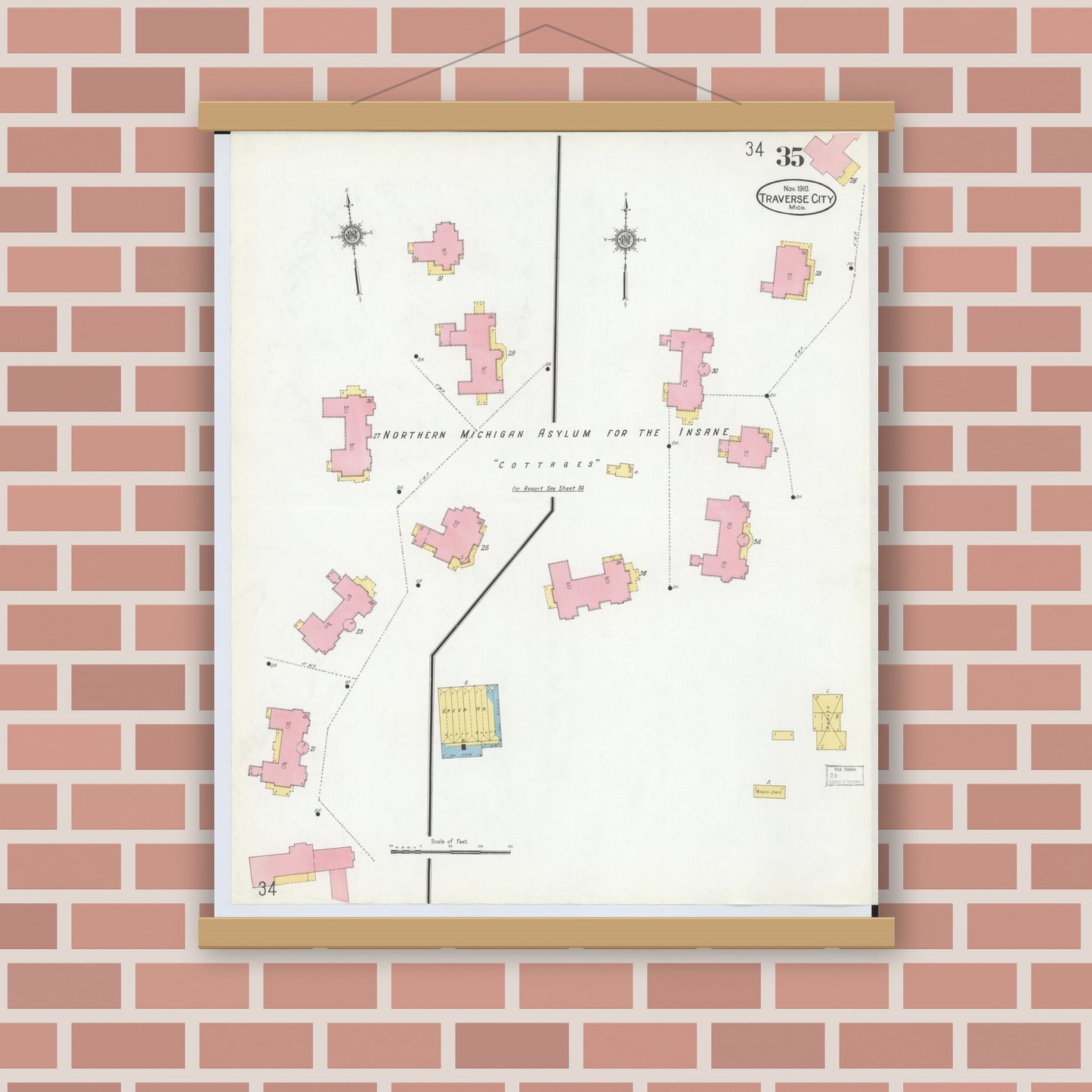 Old map wall art mockup — magnetic wood frame on brick wall — Sanborn Fire Insurance Map from Traverse City, Grand Traverse County, Michigan (1910), Sheet #0035