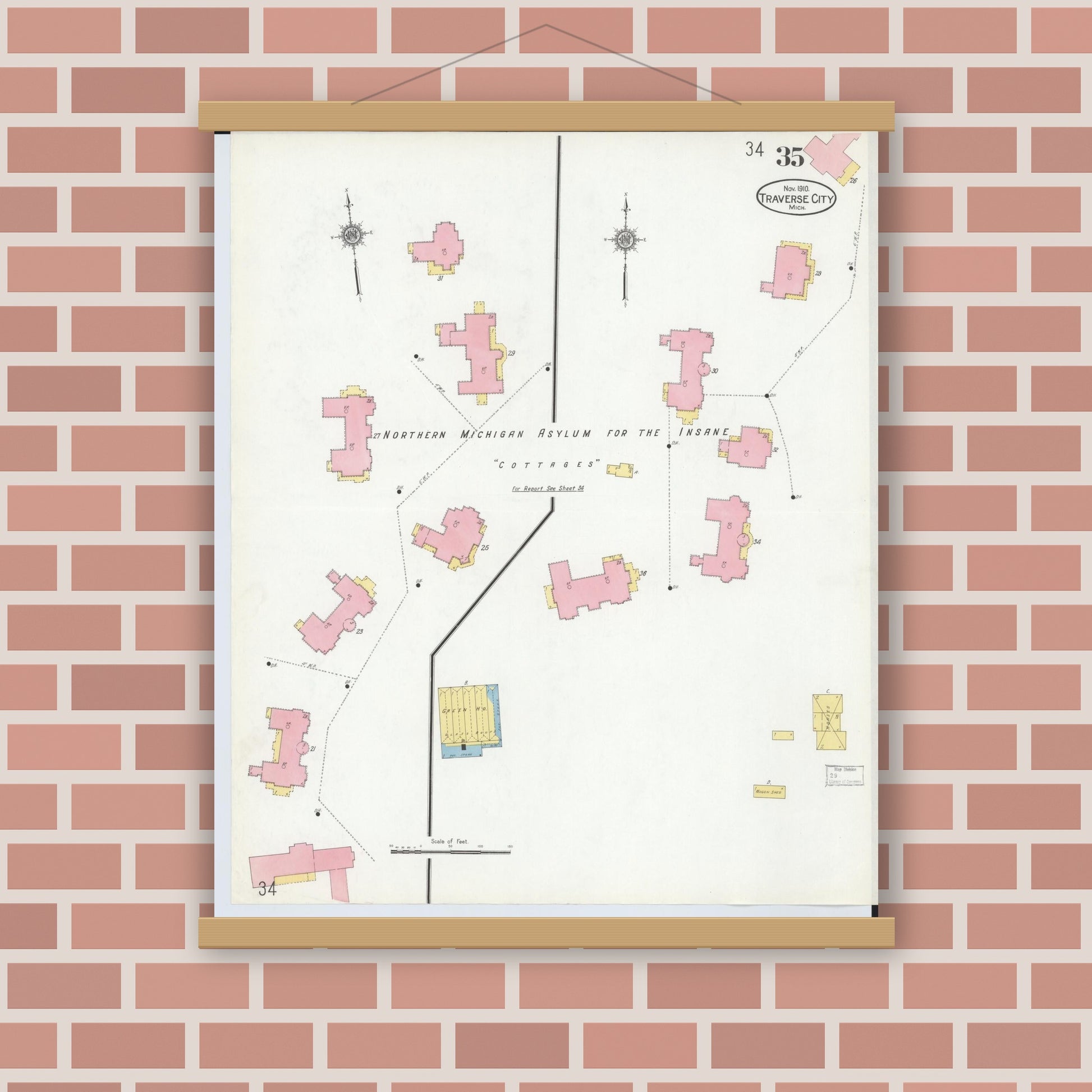 Old map wall art mockup — magnetic wood frame on brick wall — Sanborn Fire Insurance Map from Traverse City, Grand Traverse County, Michigan (1910), Sheet #0035