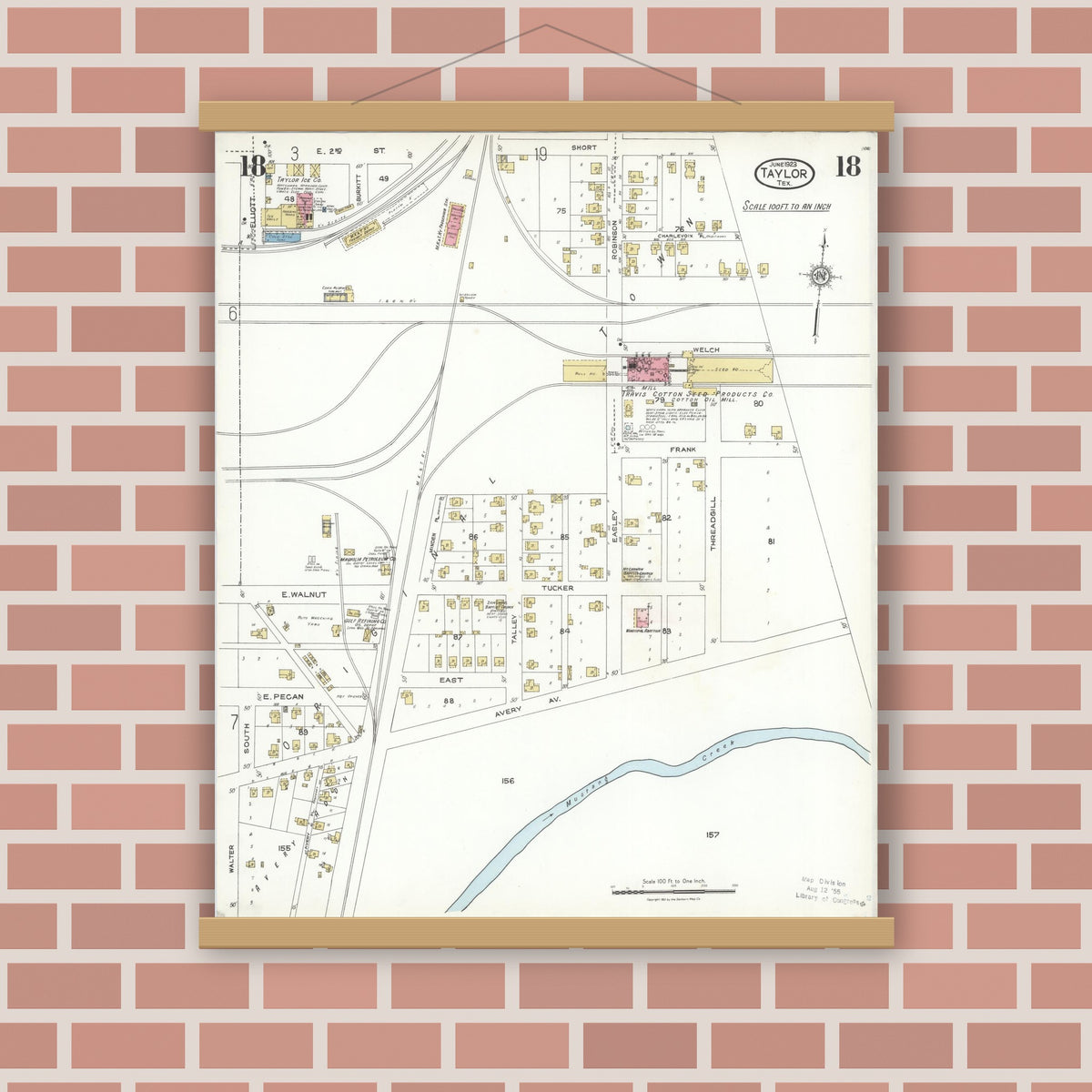 Old map wall art mockup — magnetic wood frame on brick wall — Sanborn Fire Insurance Map from Taylor, Williamson County, Texas (1923), Sheet #0018