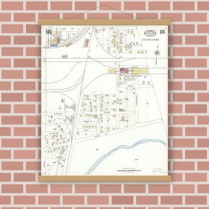 Old map wall art mockup — magnetic wood frame on brick wall — Sanborn Fire Insurance Map from Taylor, Williamson County, Texas (1923), Sheet #0018