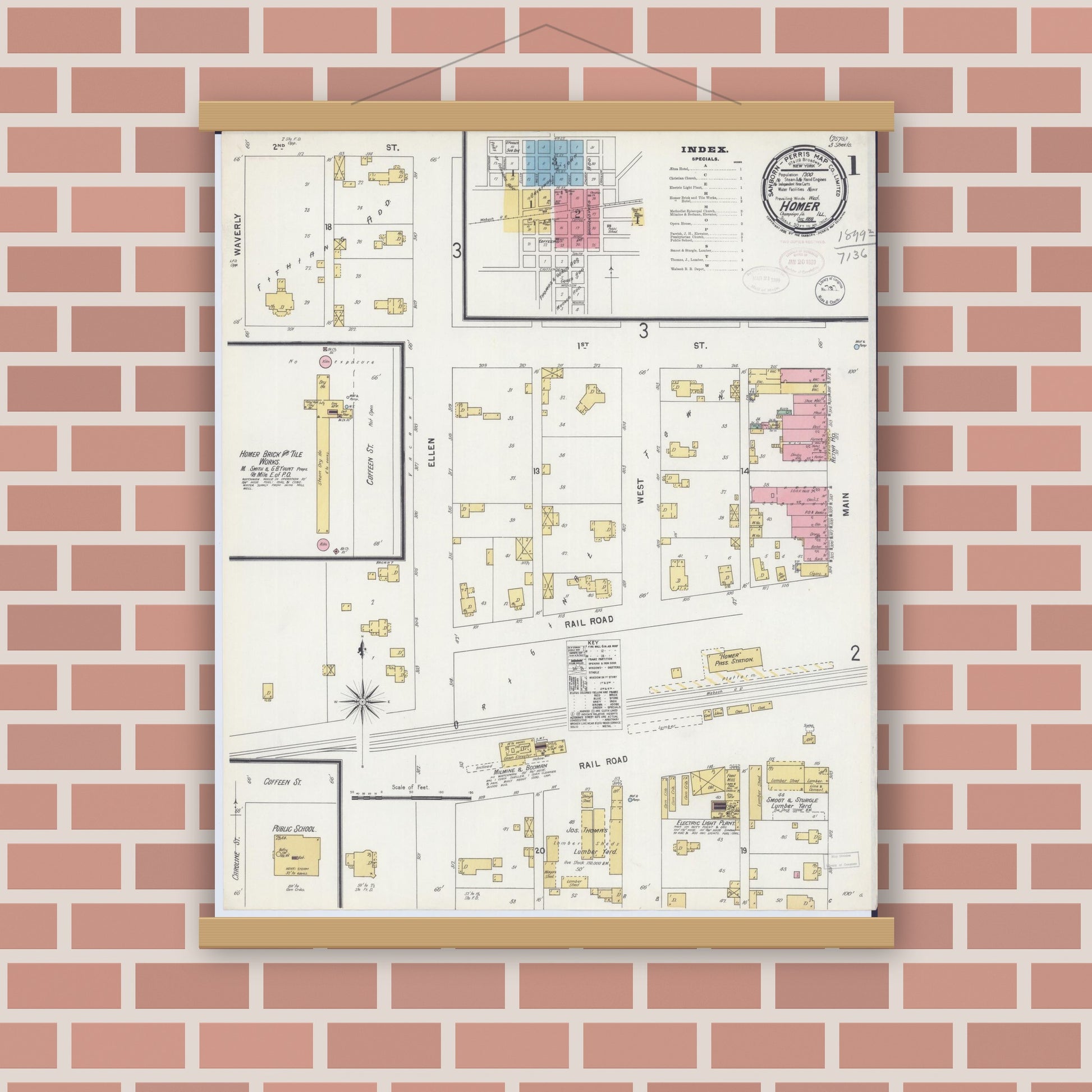 Old map wall art mockup — magnetic wood frame on brick wall — Sanborn Fire Insurance Map from Homer, Champaign County, Illinois (1898) - Complete Map Set