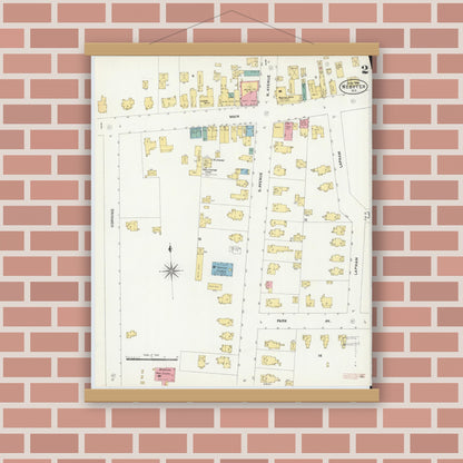Old map wall art mockup — magnetic wood frame on brick wall — Sanborn Fire Insurance Map from Webster, Monroe County, New York (1906), Sheet #0002