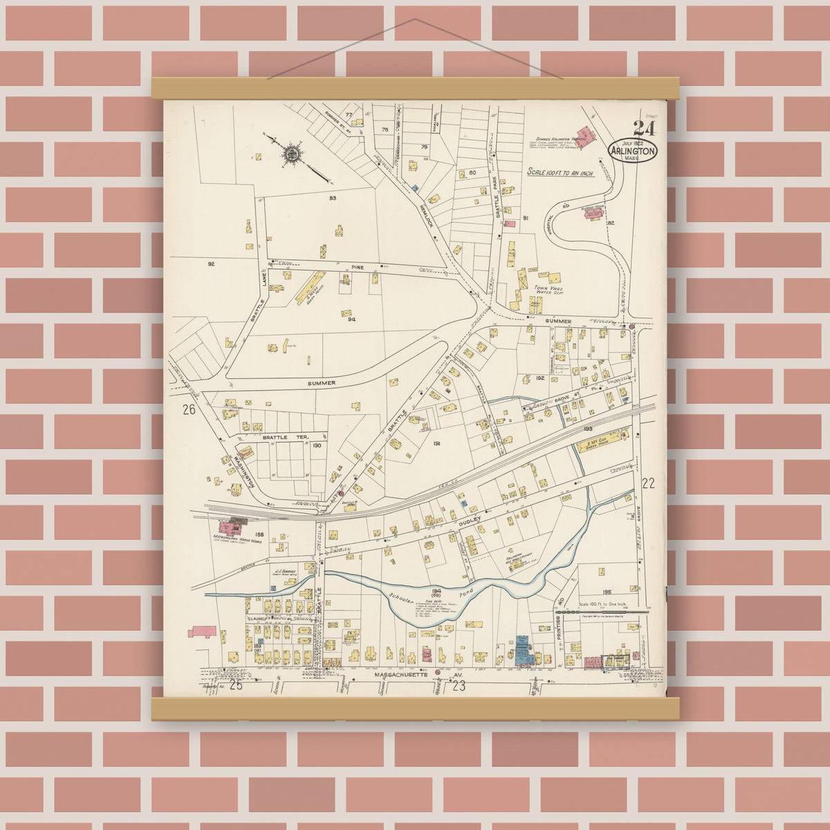 Old map wall art mockup — magnetic wood frame on brick wall — Sanborn Fire Insurance Map from Arlington, Middlesex County, Massachusetts (1922), Sheet #0024