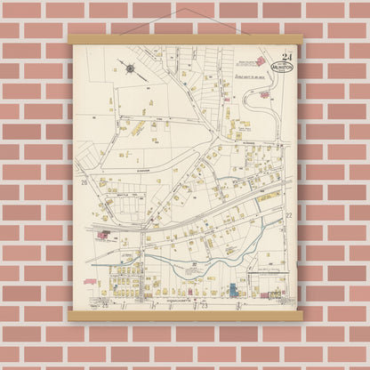 Old map wall art mockup — magnetic wood frame on brick wall — Sanborn Fire Insurance Map from Arlington, Middlesex County, Massachusetts (1922), Sheet #0024