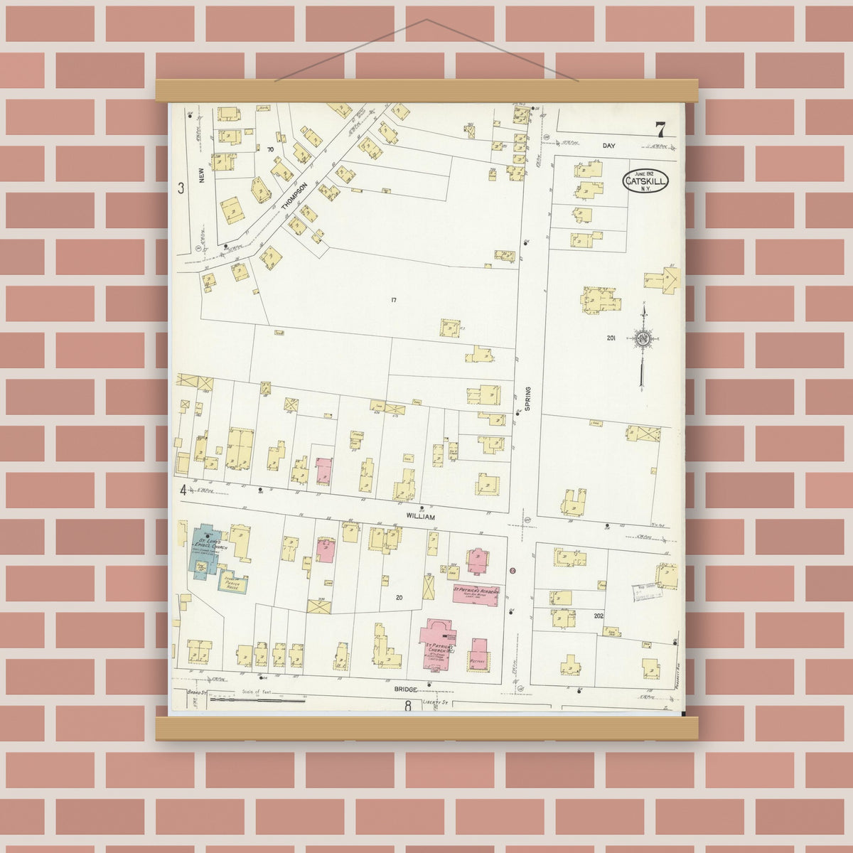 Old map wall art mockup — magnetic wood frame on brick wall — Sanborn Fire Insurance Map from Catskill, Greene County, New York (1912), Sheet #0007
