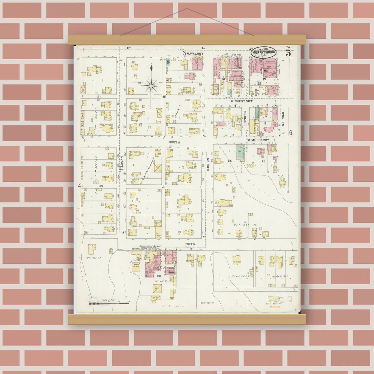 Old map wall art mockup — magnetic wood frame on brick wall — Sanborn Fire Insurance Map from Murphysboro, Jackson County, Illinois (1897), Sheet #0005