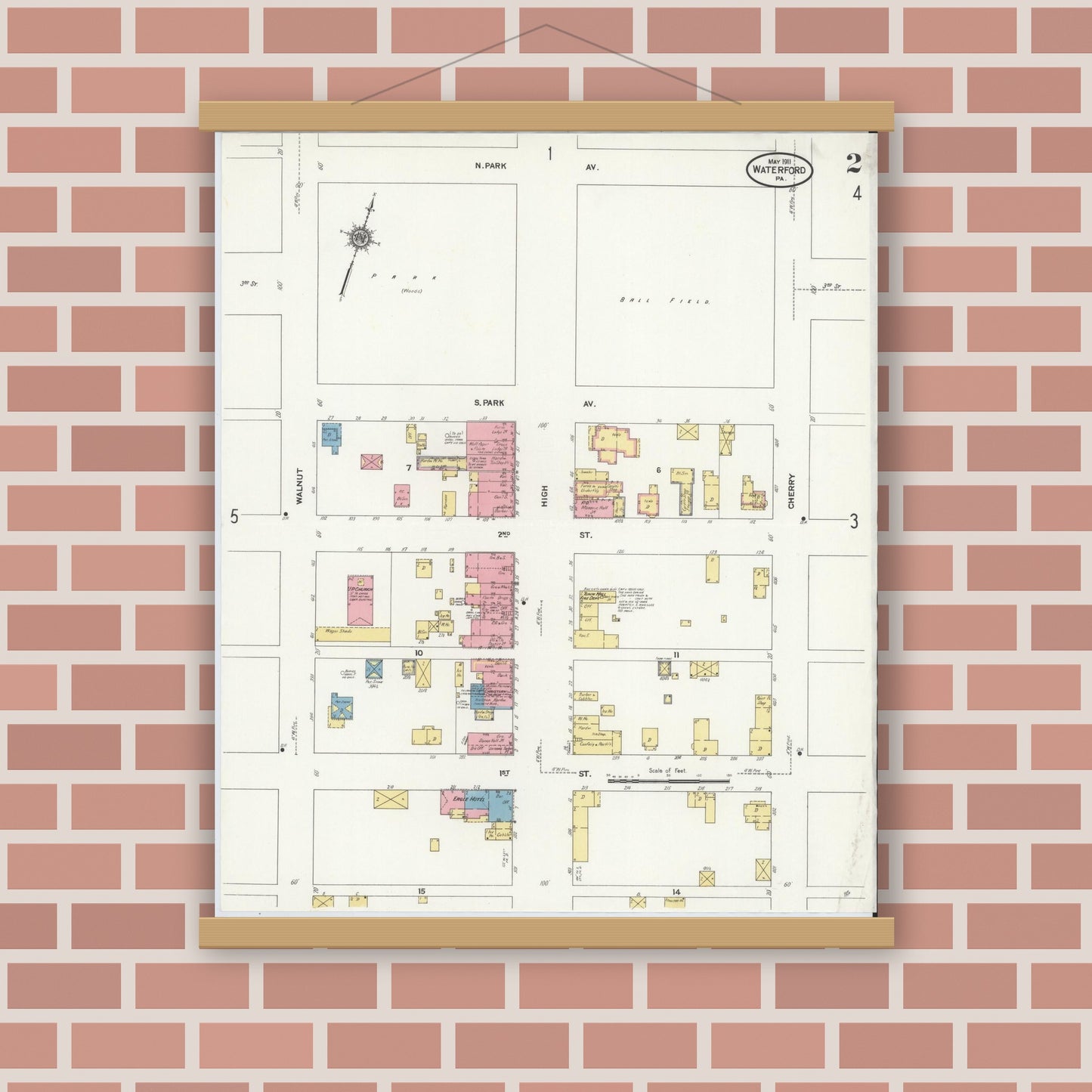 Old map wall art mockup — magnetic wood frame on brick wall — Sanborn Fire Insurance Map from Waterford, Erie County, Pennsylvania (1911), Sheet #0002