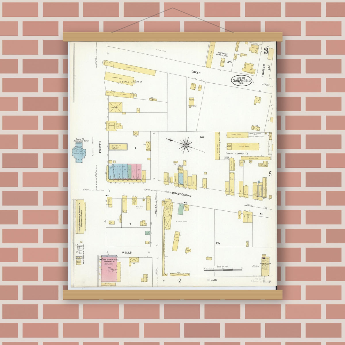 Old map wall art mockup — magnetic wood frame on brick wall — Sanborn Fire Insurance Map from San Angelo, Tom Green County, Texas (1908), Sheet #0003