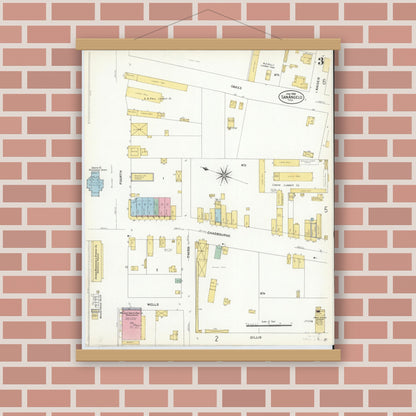 Old map wall art mockup — magnetic wood frame on brick wall — Sanborn Fire Insurance Map from San Angelo, Tom Green County, Texas (1908), Sheet #0003