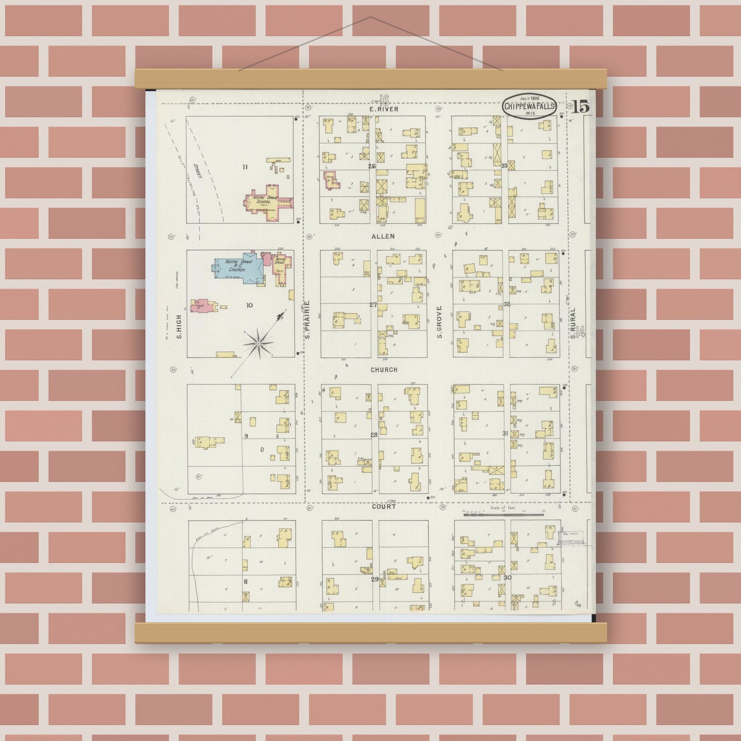 Old map wall art mockup — magnetic wood frame on brick wall — Sanborn Fire Insurance Map from Chippewa Falls, Chippewa County, Wisconsin (1895), Sheet #0015
