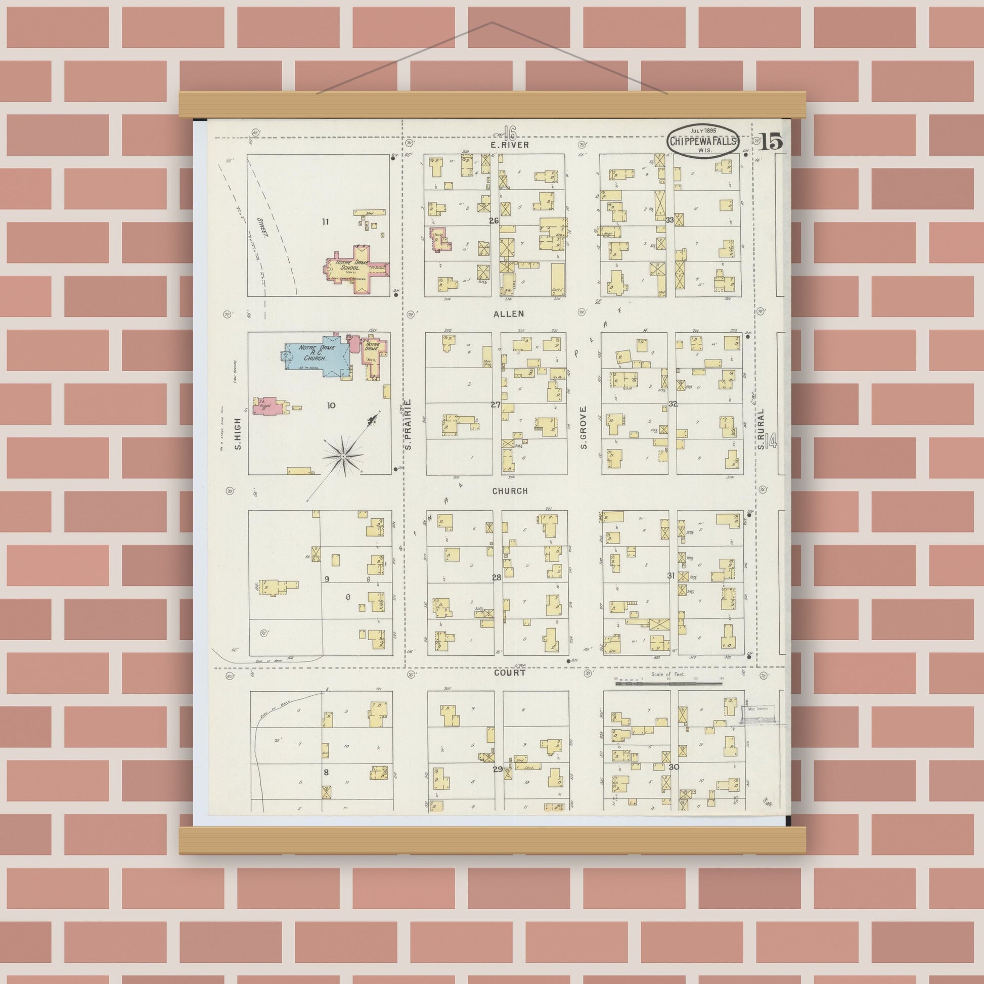 Old map wall art mockup — magnetic wood frame on brick wall — Sanborn Fire Insurance Map from Chippewa Falls, Chippewa County, Wisconsin (1895), Sheet #0015