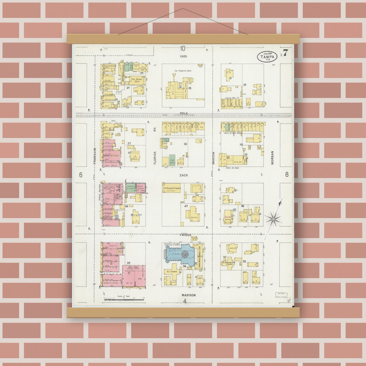 Old map wall art mockup — magnetic wood frame on brick wall — Sanborn Fire Insurance Map from Tampa, Hillsborough County, Florida (1899), Sheet #0007
