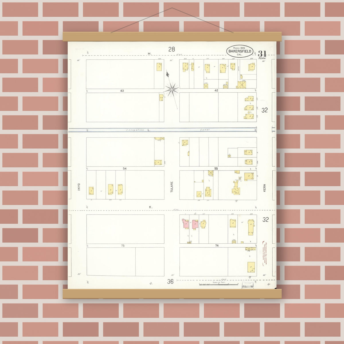Old map wall art mockup — magnetic wood frame on brick wall — Sanborn Fire Insurance Map from Bakersfield, Kern County, California (1905), Sheet #0031
