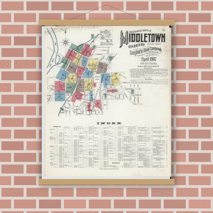 Old map wall art mockup — magnetic wood frame on brick wall — Sanborn Fire Insurance Map from Middletown, Butler County, Ohio (1907) - Complete Map Set