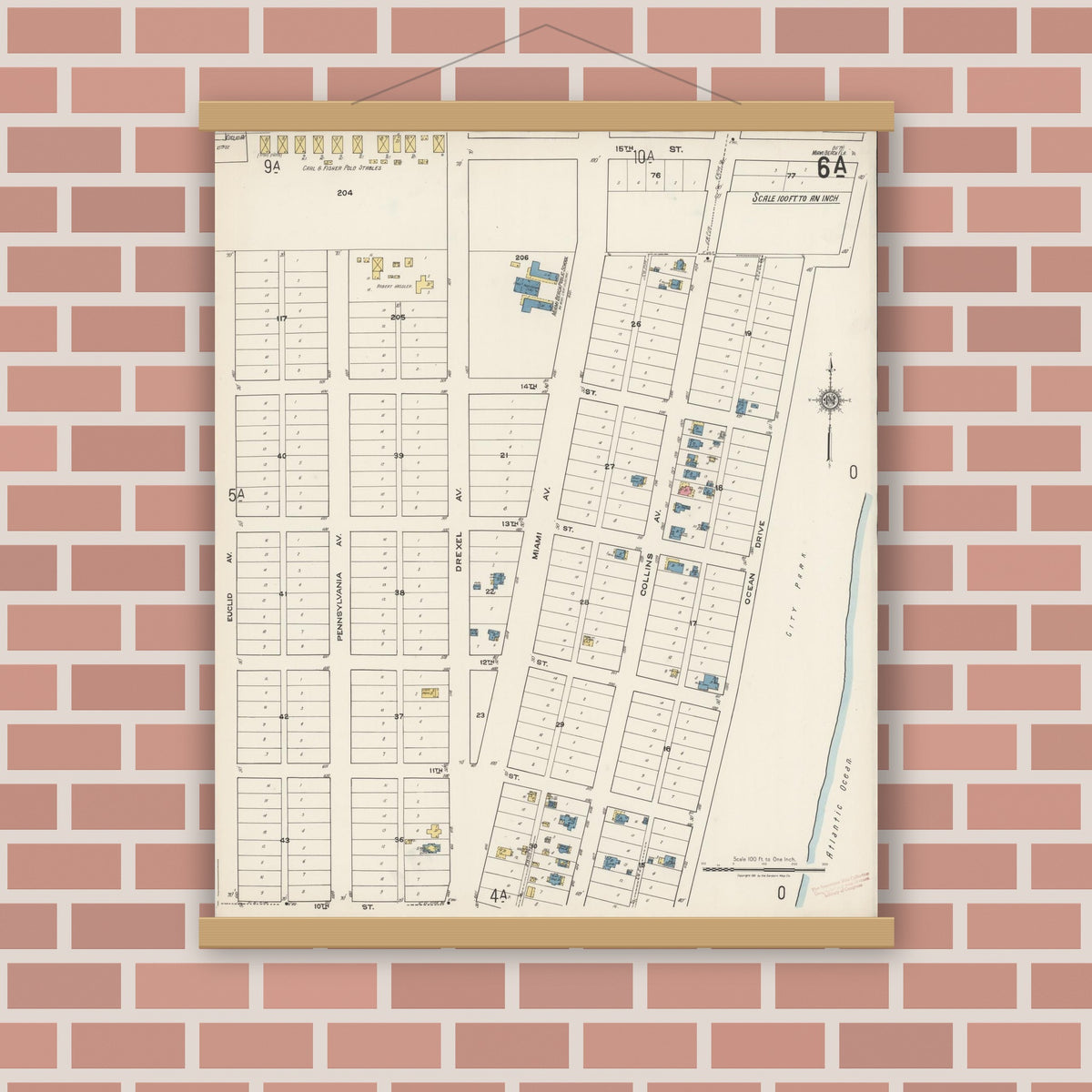 Old map wall art mockup — magnetic wood frame on brick wall — Sanborn Fire Insurance Map from Miami Beach, Dade County, Florida (1921), Sheet #0006