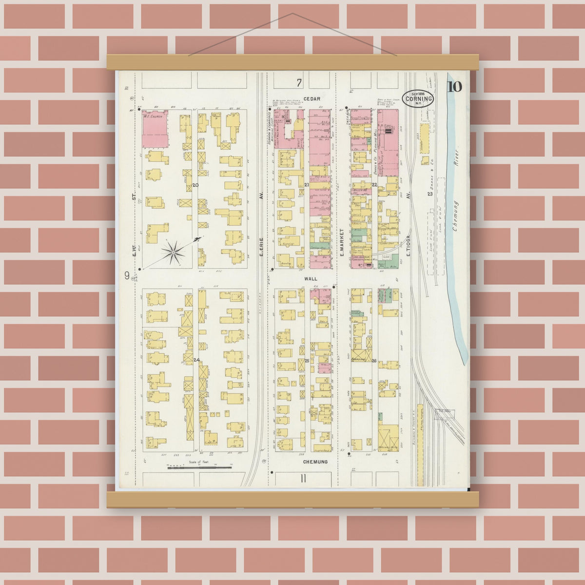 Old map wall art mockup — magnetic wood frame on brick wall — Sanborn Fire Insurance Map from Corning, Steuben County, New York (1898), Sheet #0010