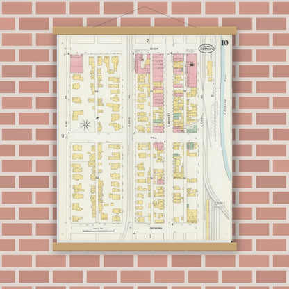 Old map wall art mockup — magnetic wood frame on brick wall — Sanborn Fire Insurance Map from Corning, Steuben County, New York (1898), Sheet #0010