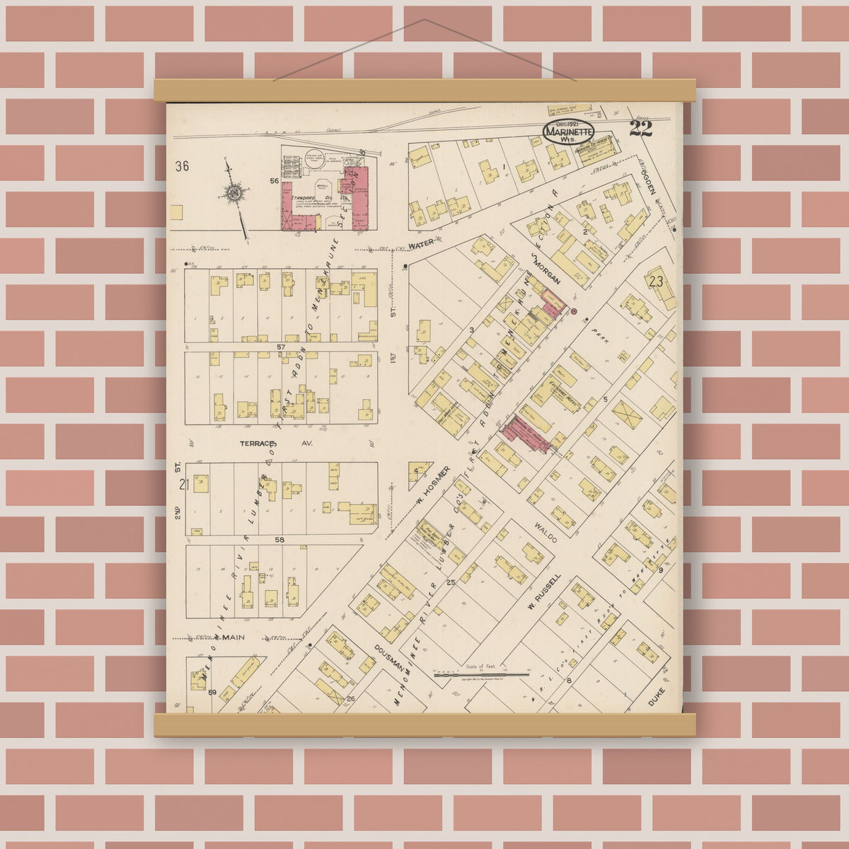 Old map wall art mockup — magnetic wood frame on brick wall — Sanborn Fire Insurance Map from Marinette, Marinette County, Wisconsin (1921), Sheet #0022