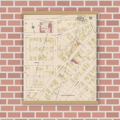 Old map wall art mockup — magnetic wood frame on brick wall — Sanborn Fire Insurance Map from Marinette, Marinette County, Wisconsin (1921), Sheet #0022