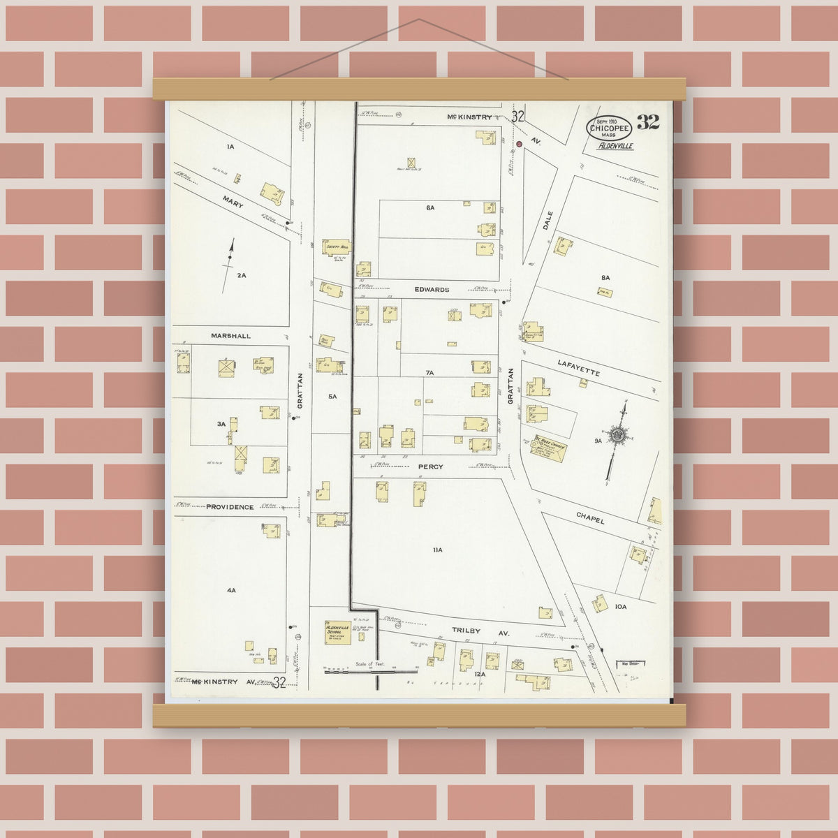Old map wall art mockup — magnetic wood frame on brick wall — Sanborn Fire Insurance Map from Chicopee, Hampden County, Massachusetts (1910), Sheet #0032