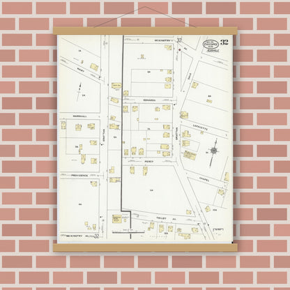 Old map wall art mockup — magnetic wood frame on brick wall — Sanborn Fire Insurance Map from Chicopee, Hampden County, Massachusetts (1910), Sheet #0032
