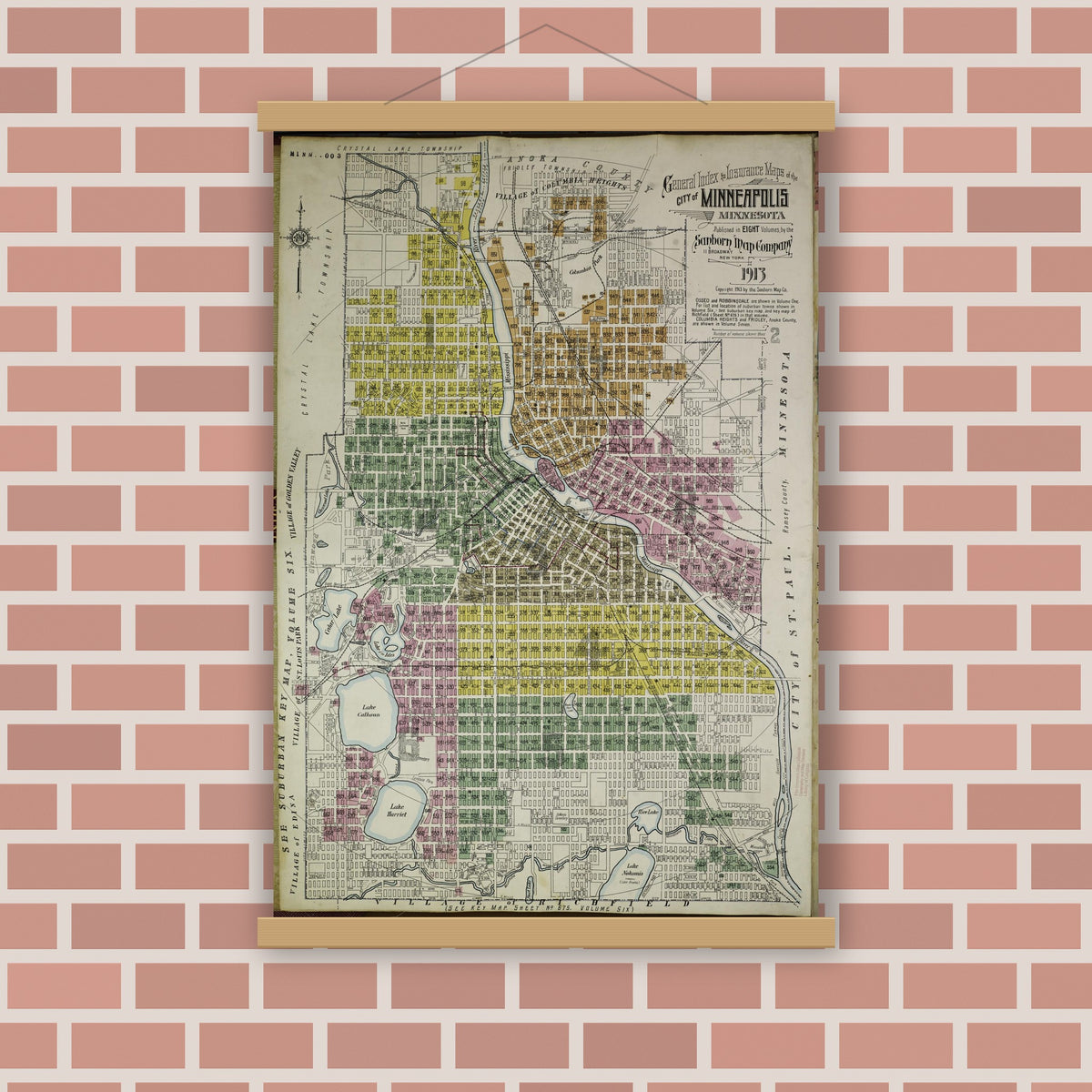 Old map wall art mockup — magnetic wood frame on brick wall — Sanborn Fire Insurance Map from Minneapolis, Hennepin County, Minnesota (1913), Sheet #0001
