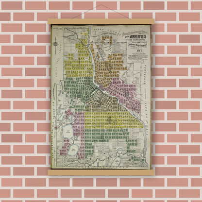 Old map wall art mockup — magnetic wood frame on brick wall — Sanborn Fire Insurance Map from Minneapolis, Hennepin County, Minnesota (1913), Sheet #0001