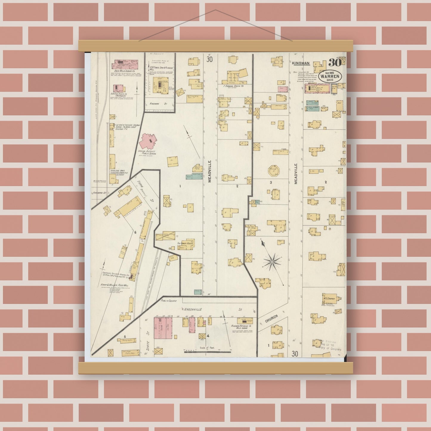 Old map wall art mockup — magnetic wood frame on brick wall — Sanborn Fire Insurance Map from Warren, Trumbull County, Ohio (1902), Sheet #0030