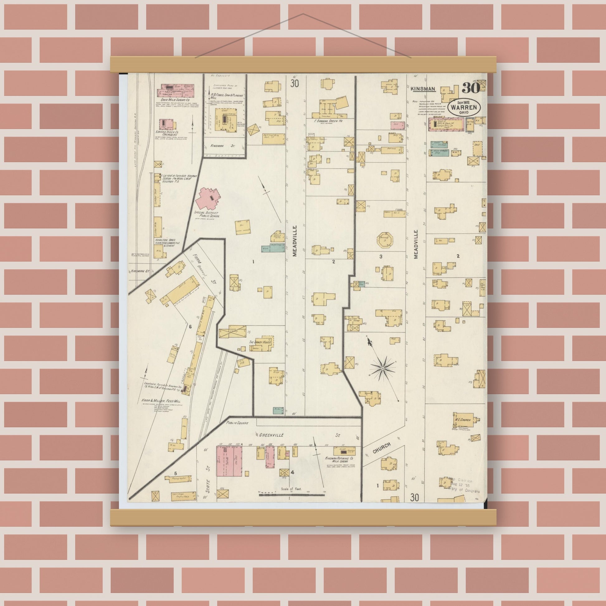 Old map wall art mockup — magnetic wood frame on brick wall — Sanborn Fire Insurance Map from Warren, Trumbull County, Ohio (1902), Sheet #0030