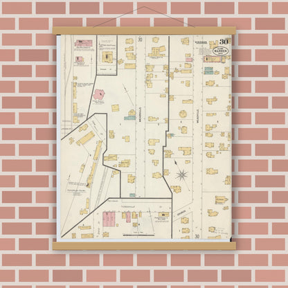 Old map wall art mockup — magnetic wood frame on brick wall — Sanborn Fire Insurance Map from Warren, Trumbull County, Ohio (1902), Sheet #0030