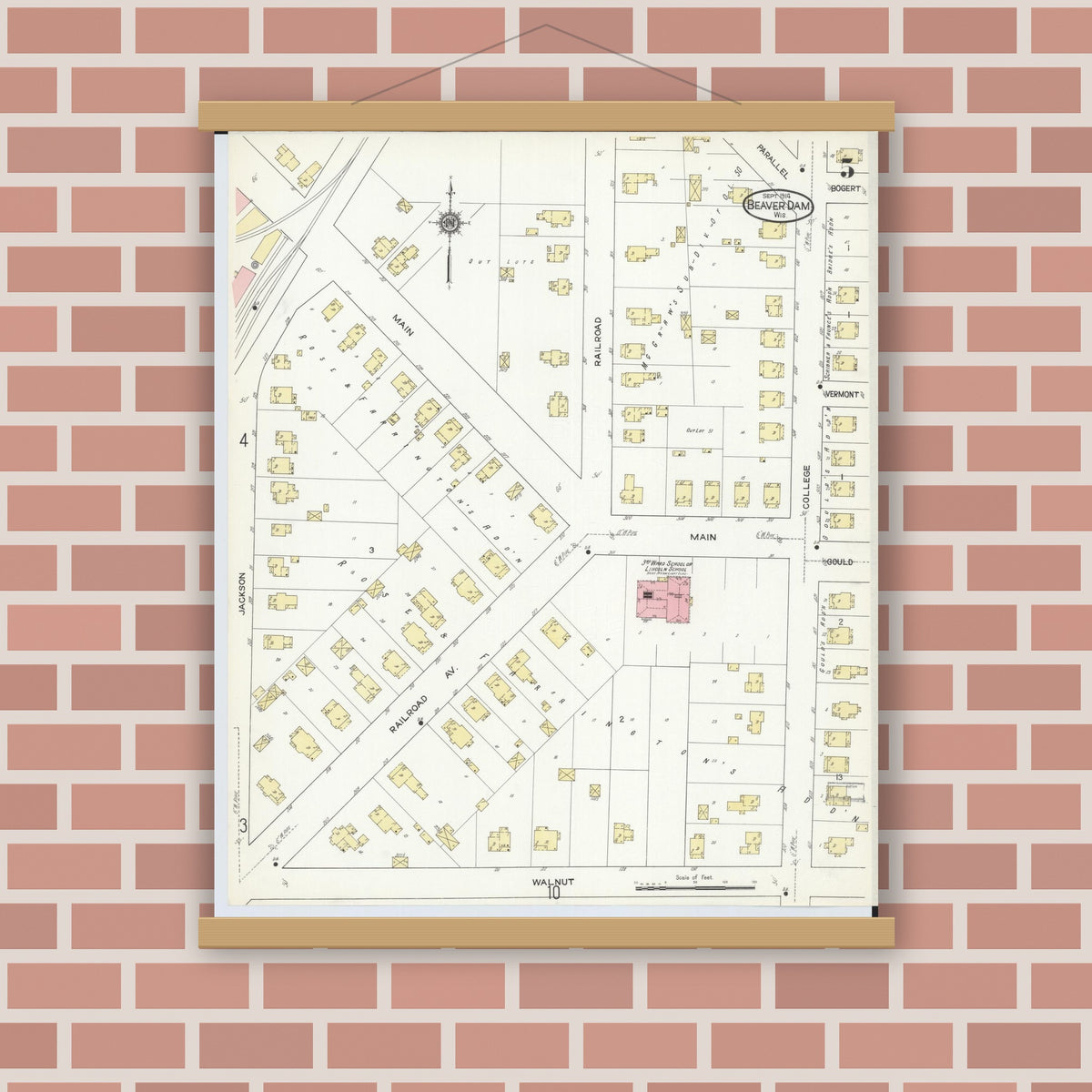 Old map wall art mockup — magnetic wood frame on brick wall — Sanborn Fire Insurance Map from Beaver Dam, Dodge County, Wisconsin (1914), Sheet #0005