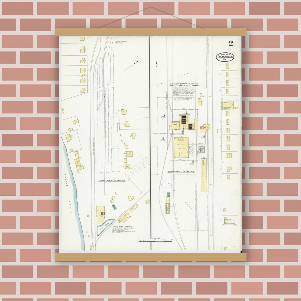 Old map wall art mockup — magnetic wood frame on brick wall — Sanborn Fire Insurance Map from Damascus, Washington County, Virginia (1908), Sheet #0002