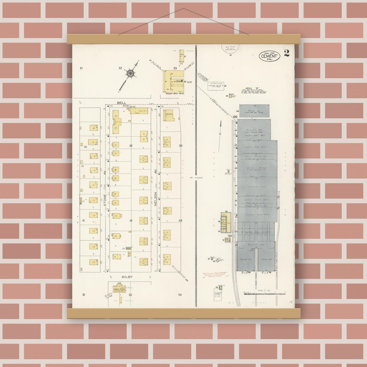 Old map wall art mockup — magnetic wood frame on brick wall — Sanborn Fire Insurance Map from Cement, Solano County, California (1912), Sheet #0002