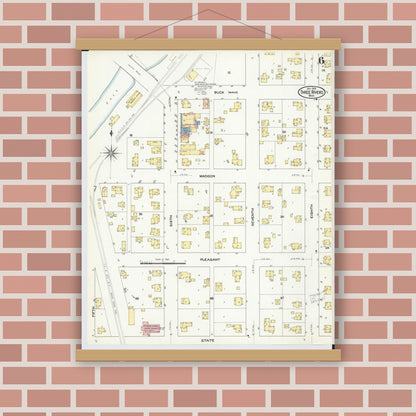 Old map wall art mockup — magnetic wood frame on brick wall — Sanborn Fire Insurance Map from Three Rivers, Saint Joseph County, Michigan (1909), Sheet #0006