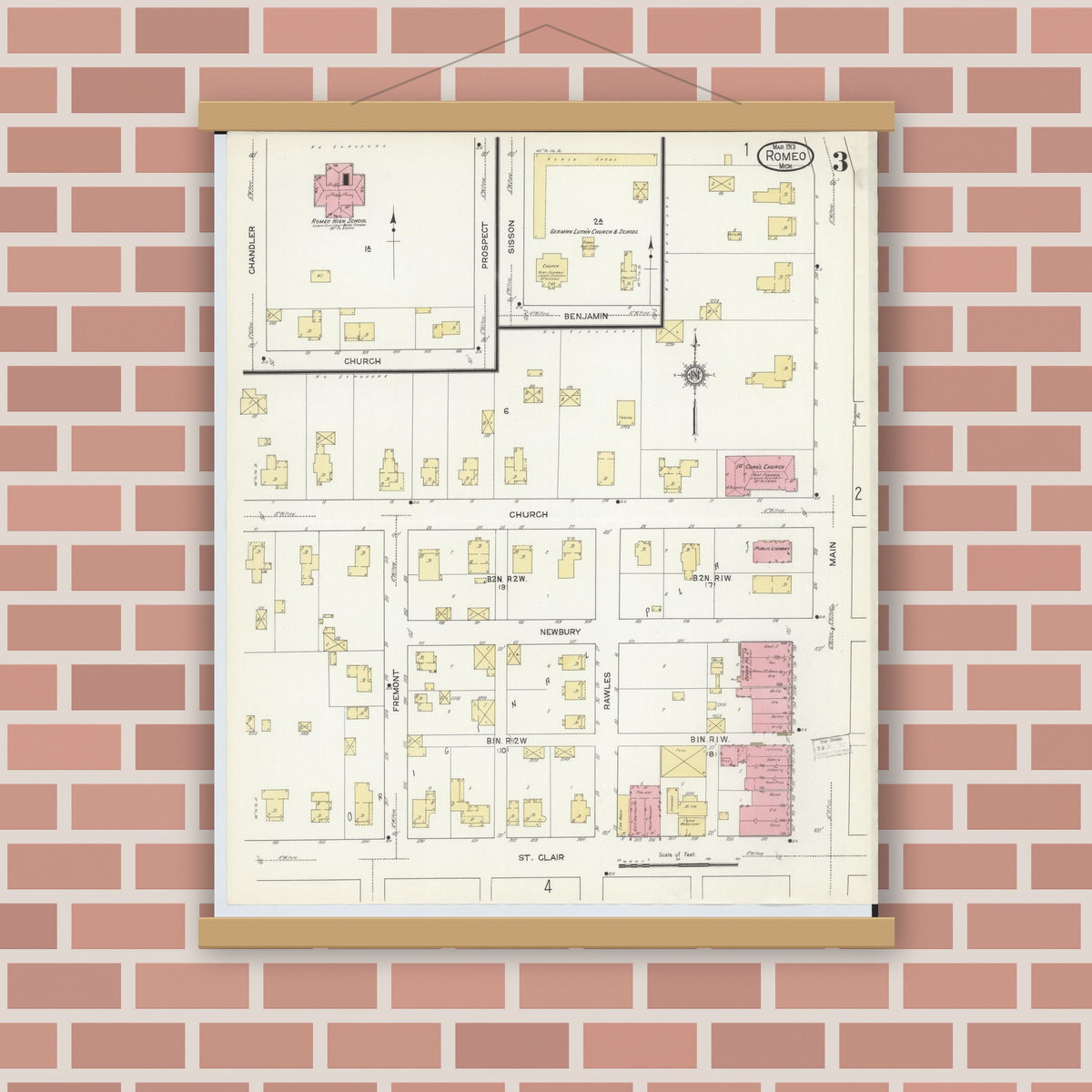 Old map wall art mockup — magnetic wood frame on brick wall — Sanborn Fire Insurance Map from Romeo, Macomb County, Michigan (1913), Sheet #0003