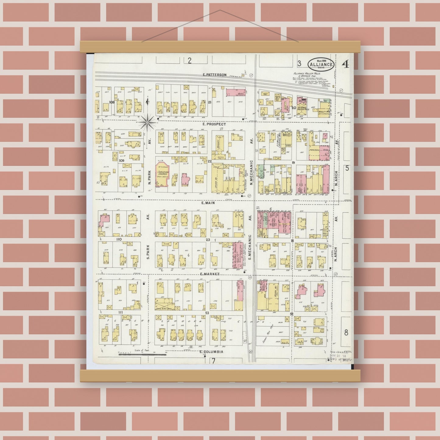 Old map wall art mockup — magnetic wood frame on brick wall — Sanborn Fire Insurance Map from Alliance, Stark County, Ohio (1898), Sheet #0004